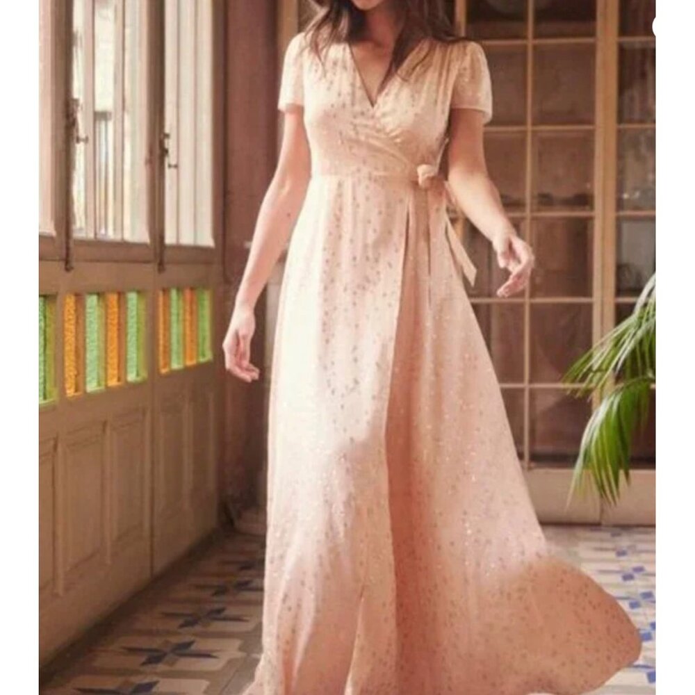 NWT Sezane Armelle Poudre Pink golden polka dots maxi dress SILK SZ36 US4 bust36